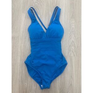 La Blanca One Piece Swimsuit Womens 8 Blue V-Neck Ruched Crisscross Back
